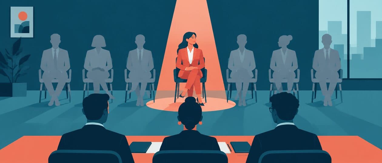 Illustration of a spotlight on one confident candidate standing out from a row of silhouettes