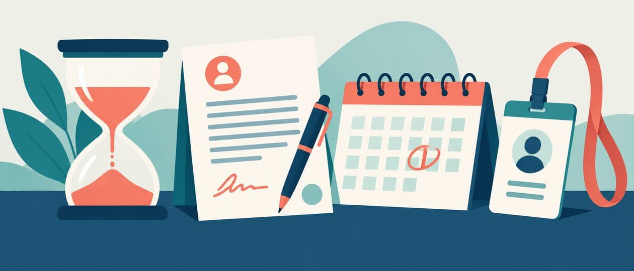 Illustration of an hourglass beside an employment contract, a calendar and an employee badge