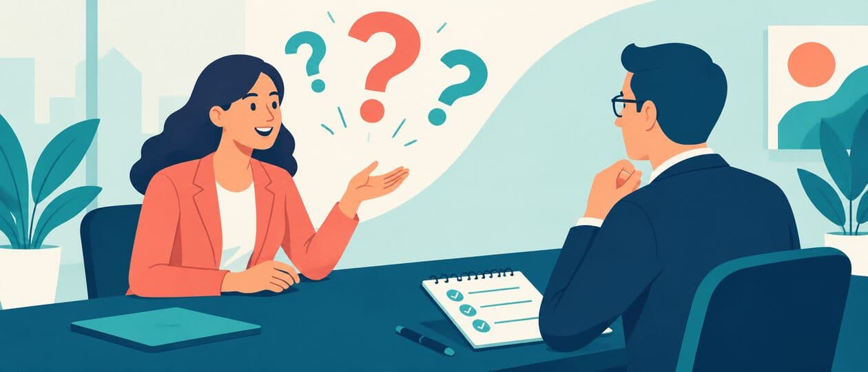 Illustration of a candidate asking the interviewer a question across the table, with question marks above