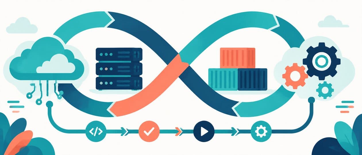 Illustration of an infinity loop connecting a cloud, servers and gears