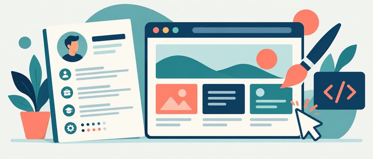 Illustration of a resume beside a browser window with a website layout