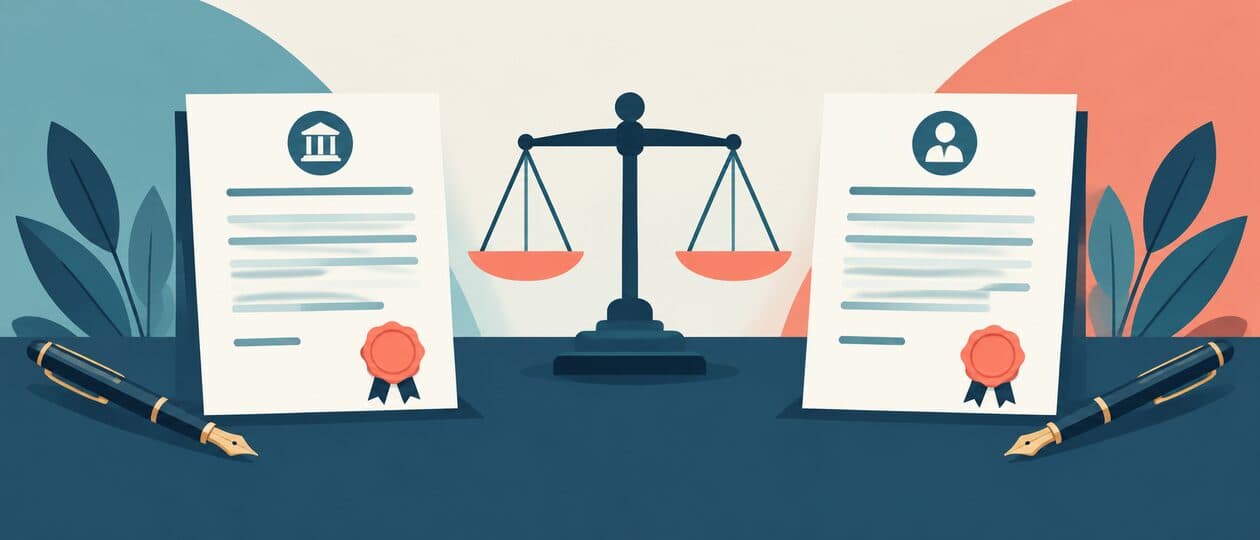 Illustration of two letter documents with a balance scale between them