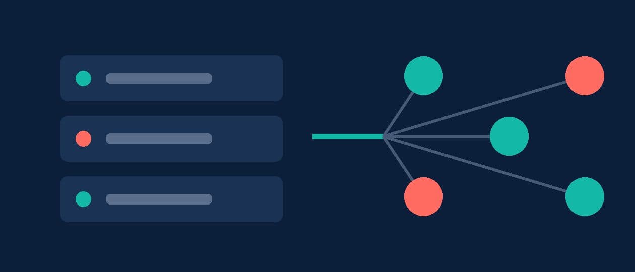 Abstract flat illustration in teal, navy and coral representing backend development and servers