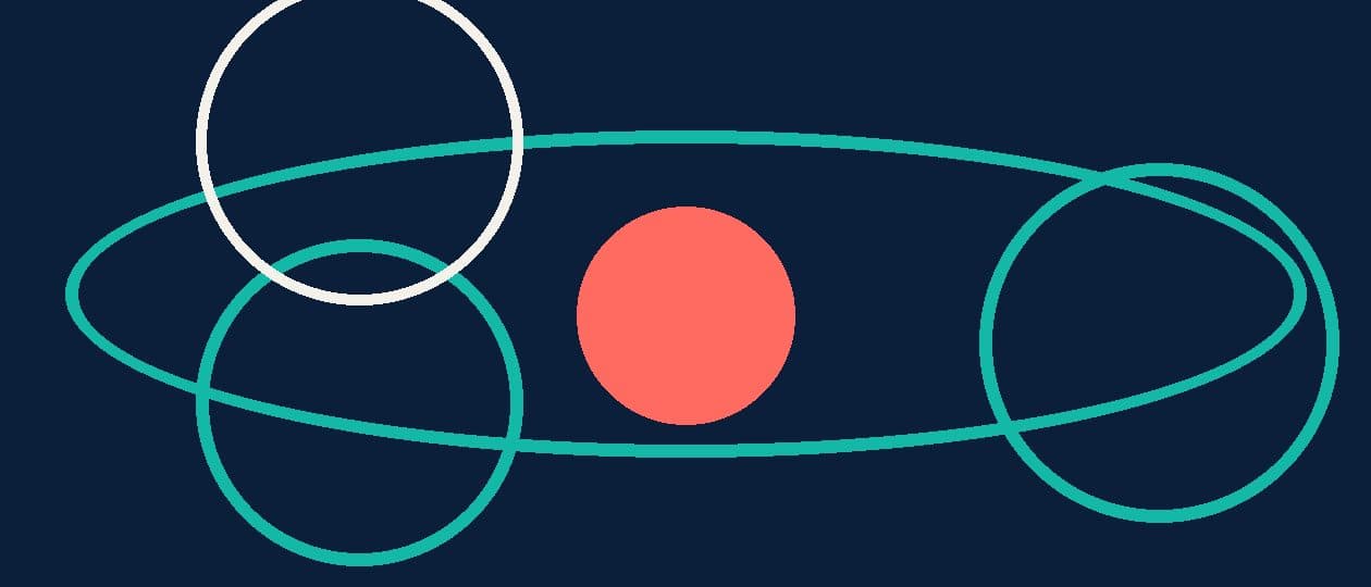 Abstract flat illustration in teal, navy and coral representing React frontend development