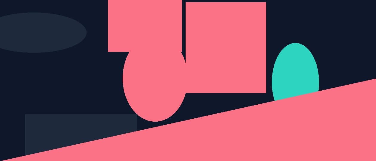 Abstract flat illustration in teal, navy and coral with geometric document and pen shapes
