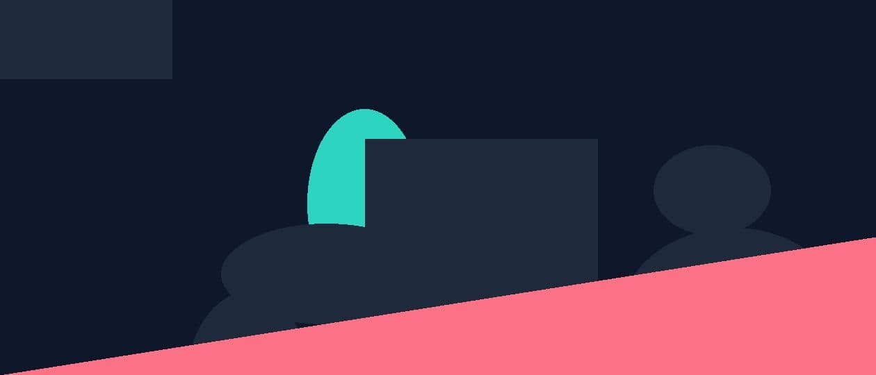 Abstract flat illustration in teal, navy and coral with geometric circuit and energy shapes