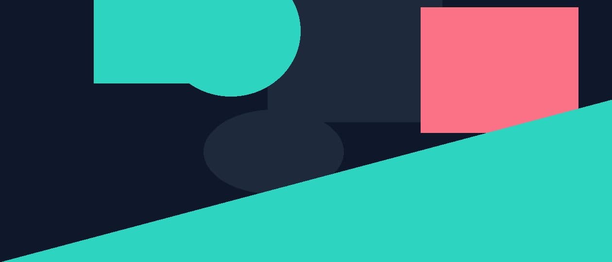 Abstract flat illustration in teal, navy and coral with geometric classroom and book shapes