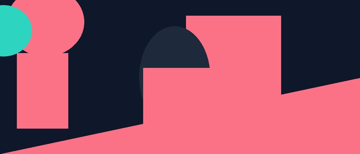 Abstract flat illustration in teal, navy and coral with geometric growth and reflection shapes