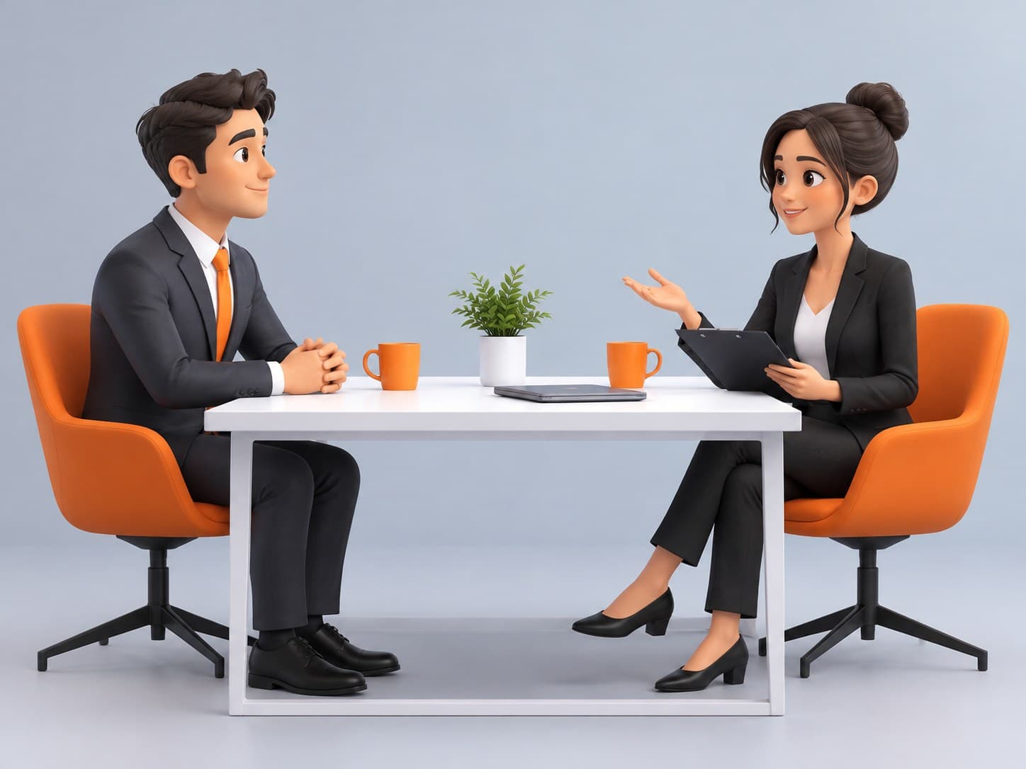 Illustration of two chairs facing each other across a table with coffee mugs, representing a job interview