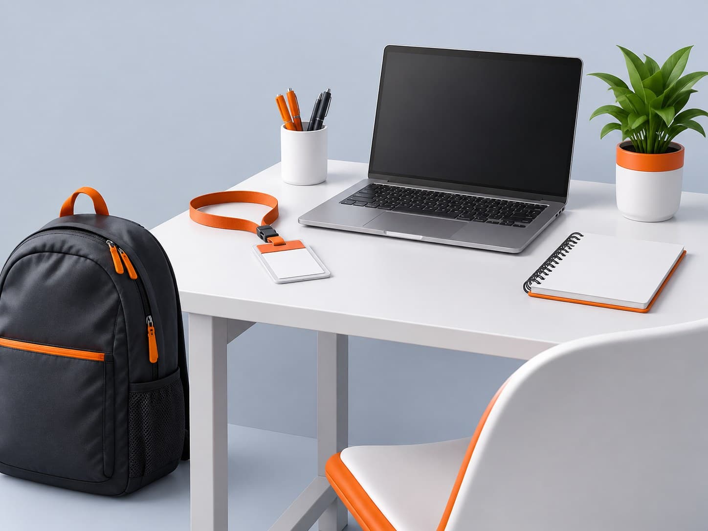 Illustration of a desk with a backpack, student id card on a lanyard, laptop and notebook, representing a college internship