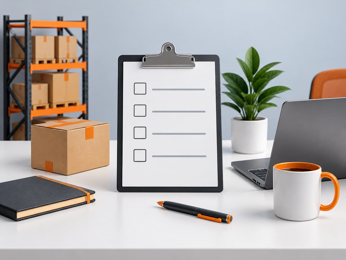 Illustration of a desk with a clipboard checklist, shipping box, warehouse shelf and laptop, representing an operations manager resume