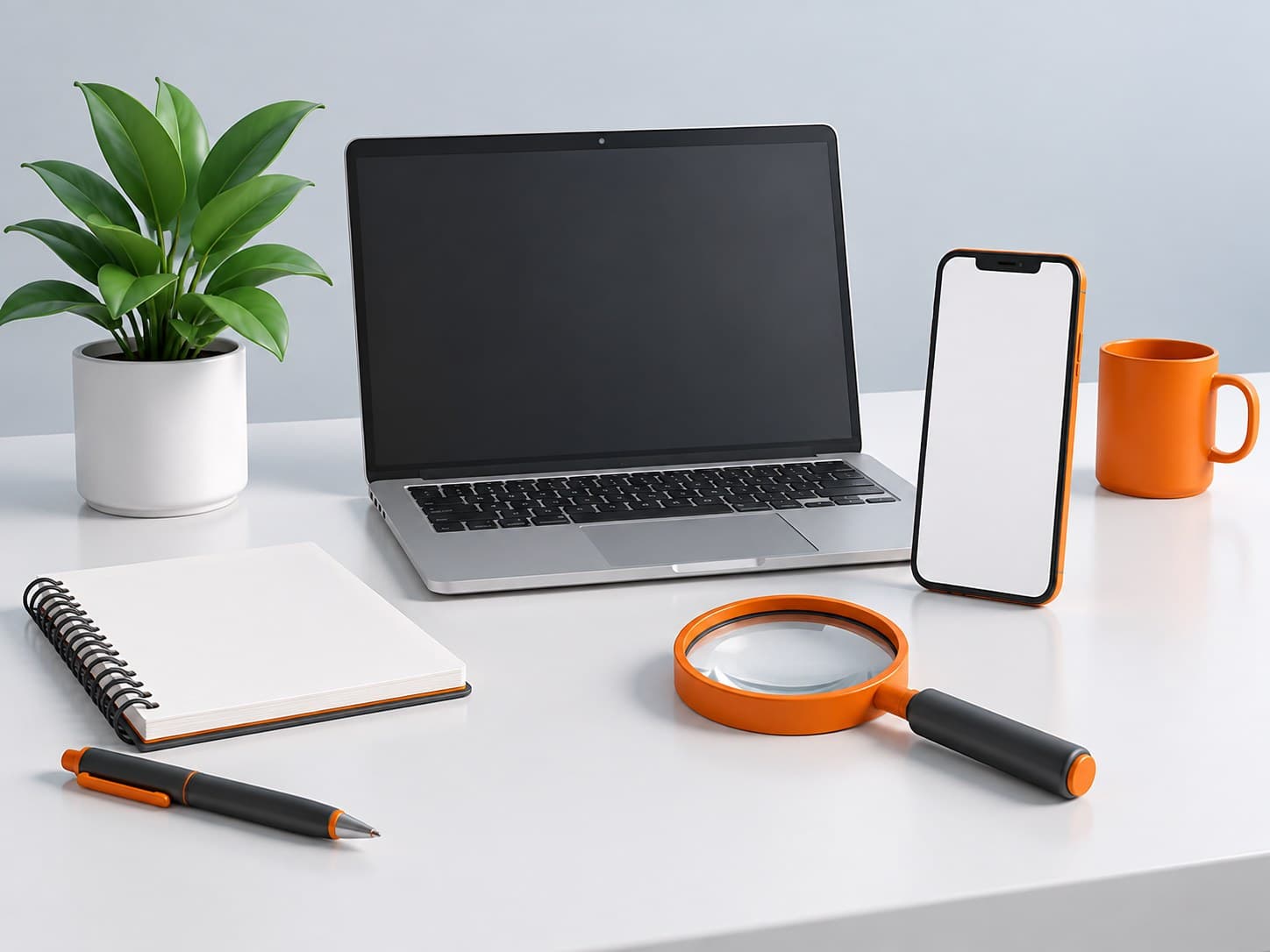Illustration of a laptop, smartphone, magnifying glass and notebook on a desk, representing job portals
