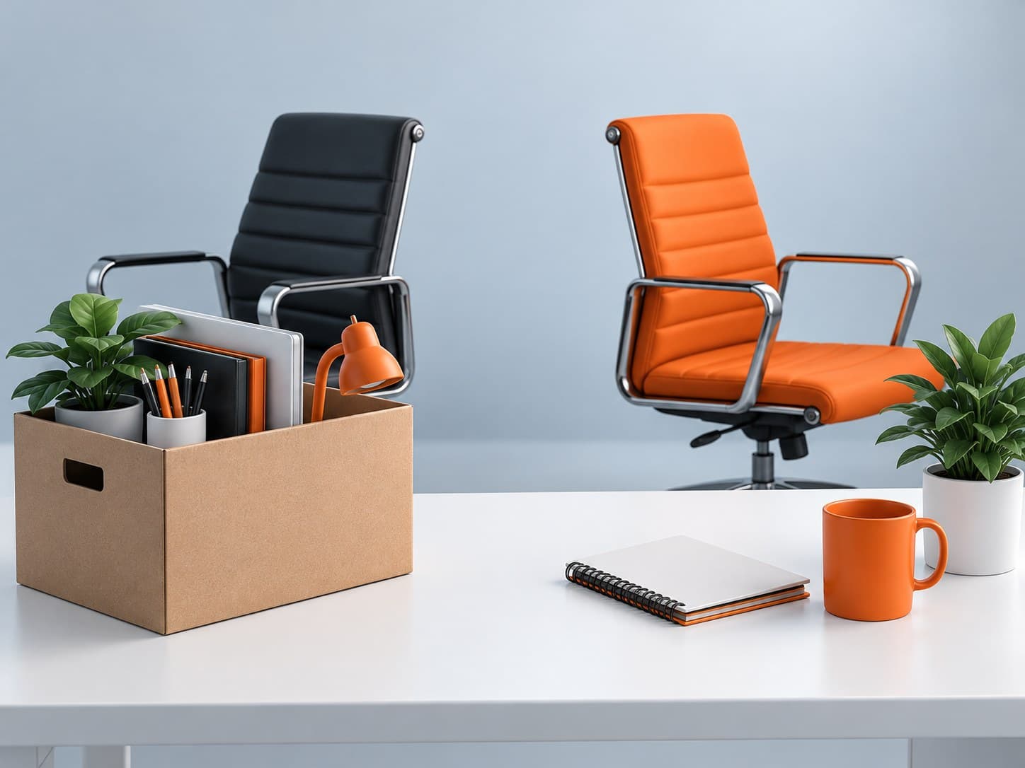 Illustration of two office chairs facing apart with a packed cardboard box on a desk, representing a job change decision