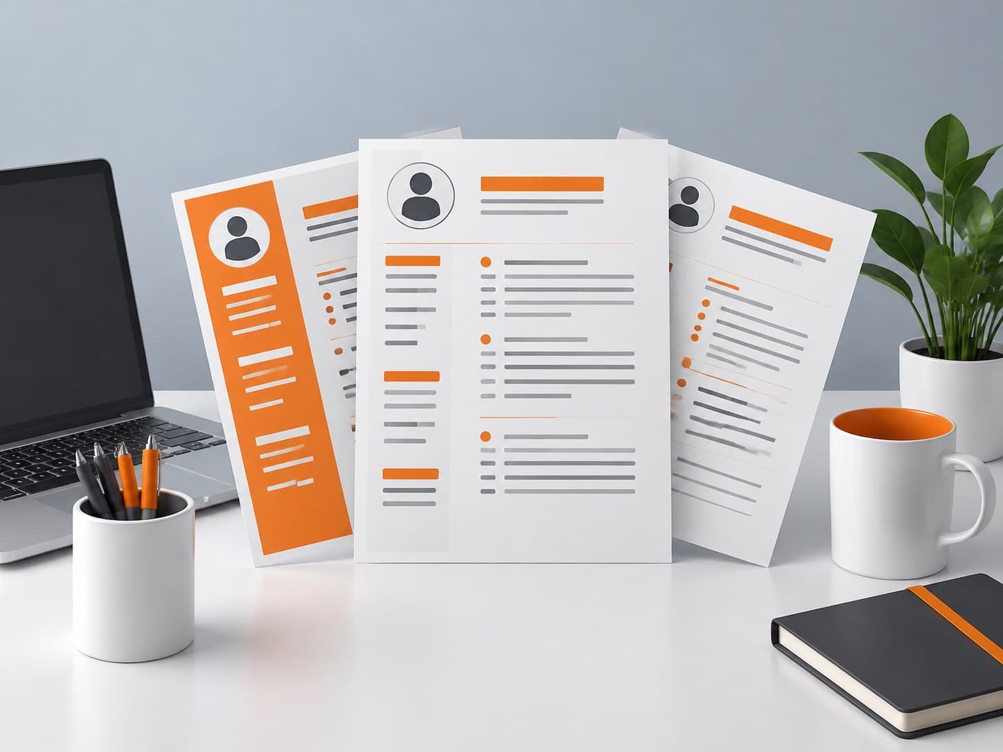 Illustration of fanned blank resume templates with a laptop and pen holder, representing a free resume builder