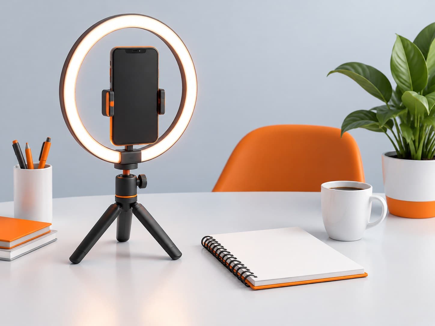 Illustration of a smartphone on a tripod with a ring light on a desk, representing a social media manager resume