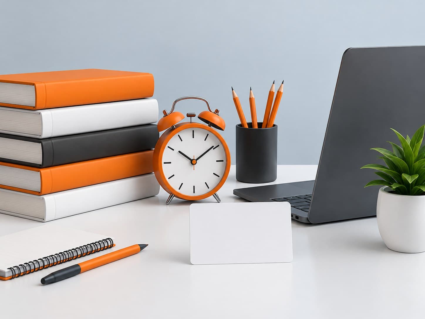 Illustration of a desk with exam preparation books, an alarm clock, pencils and a laptop, representing SSC CGL exam preparation