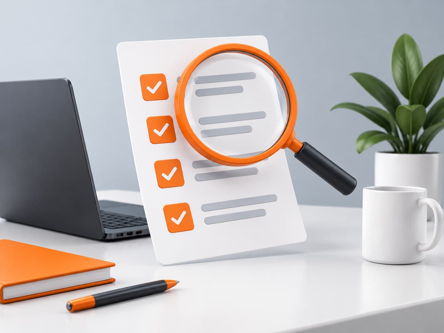 Illustration of a magnifying glass over a checklist document with a laptop, representing ATS resume screening