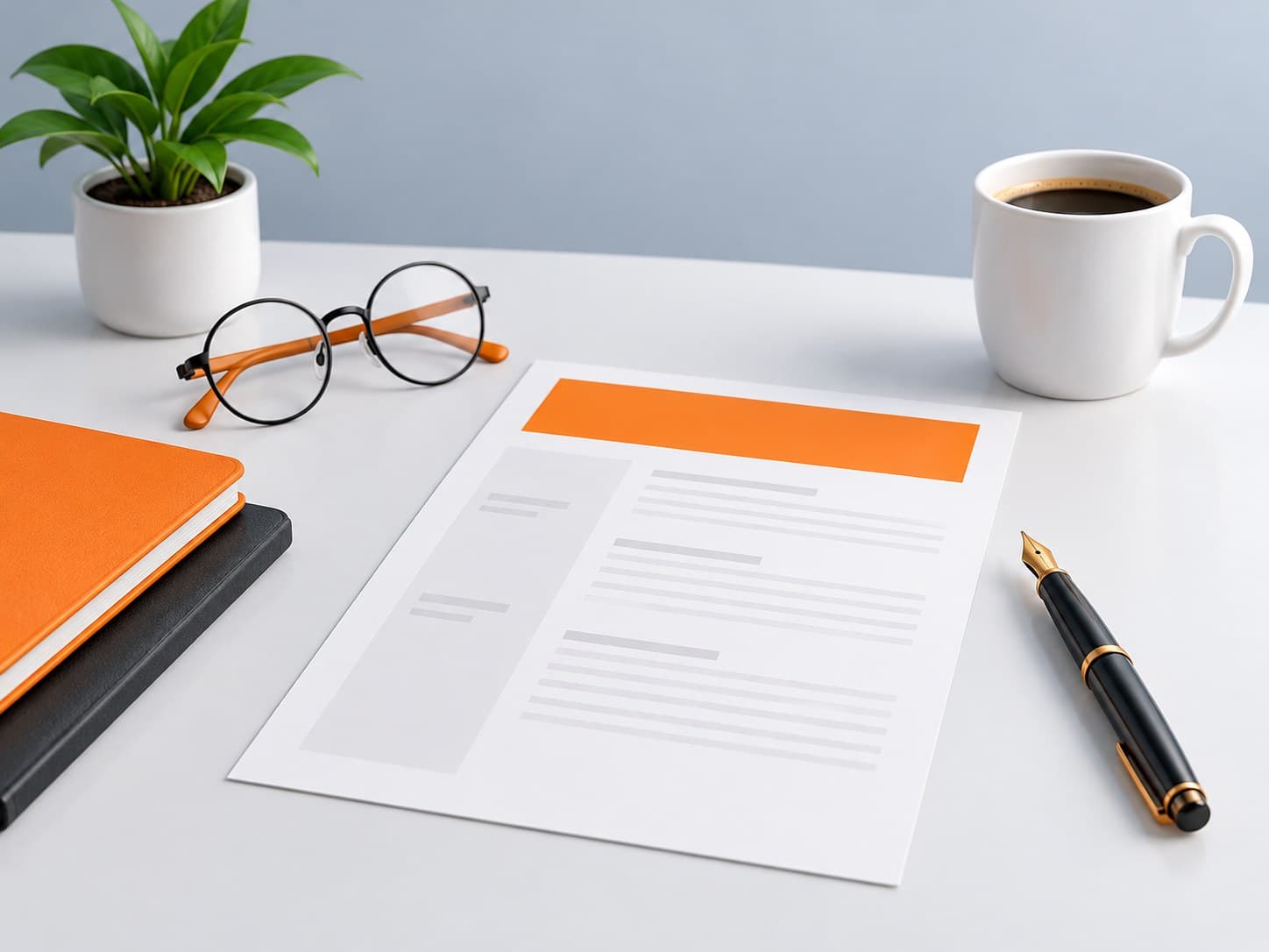 Illustration of a desk with a blank resume sheet, fountain pen, eyeglasses and a plant, representing a fresher resume objective