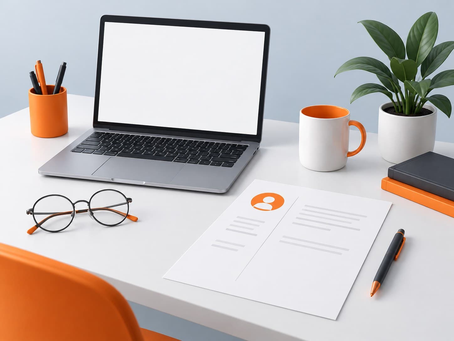 Illustration of a laptop with a blank page, CV sheet and eyeglasses on a desk, representing an online CV maker
