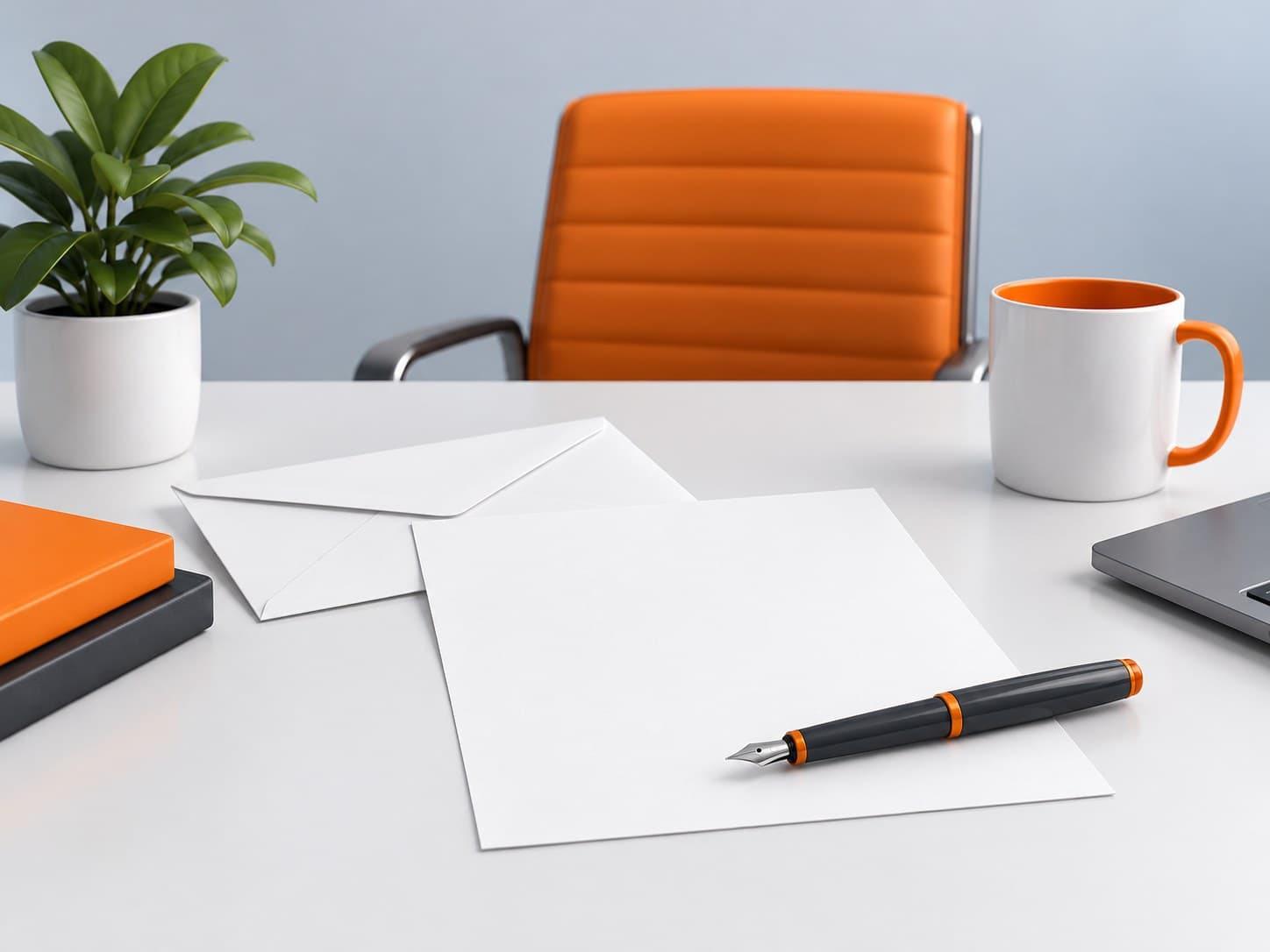 Illustration of a white envelope, blank letter sheet and fountain pen on a desk, representing a resignation letter