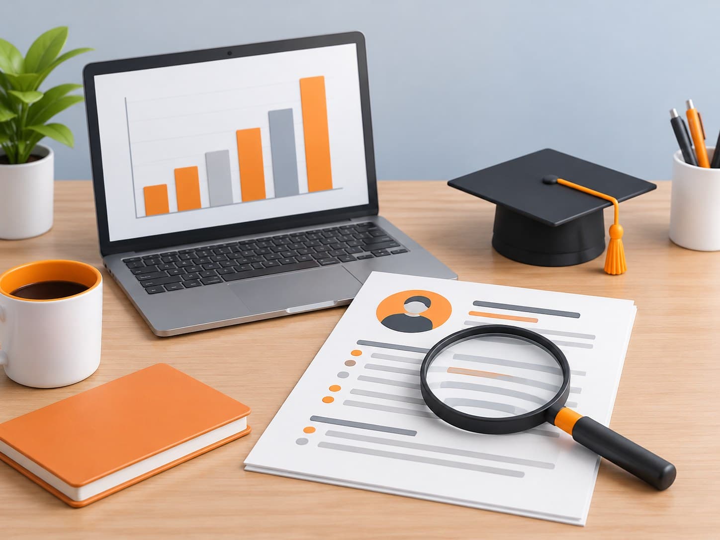 Illustration of a desk with a laptop showing bar charts, a resume under a magnifying glass and a graduation cap