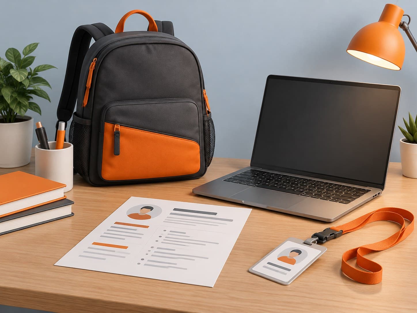 Illustration of a desk with a resume sheet, a student backpack, an ID badge lanyard and a laptop