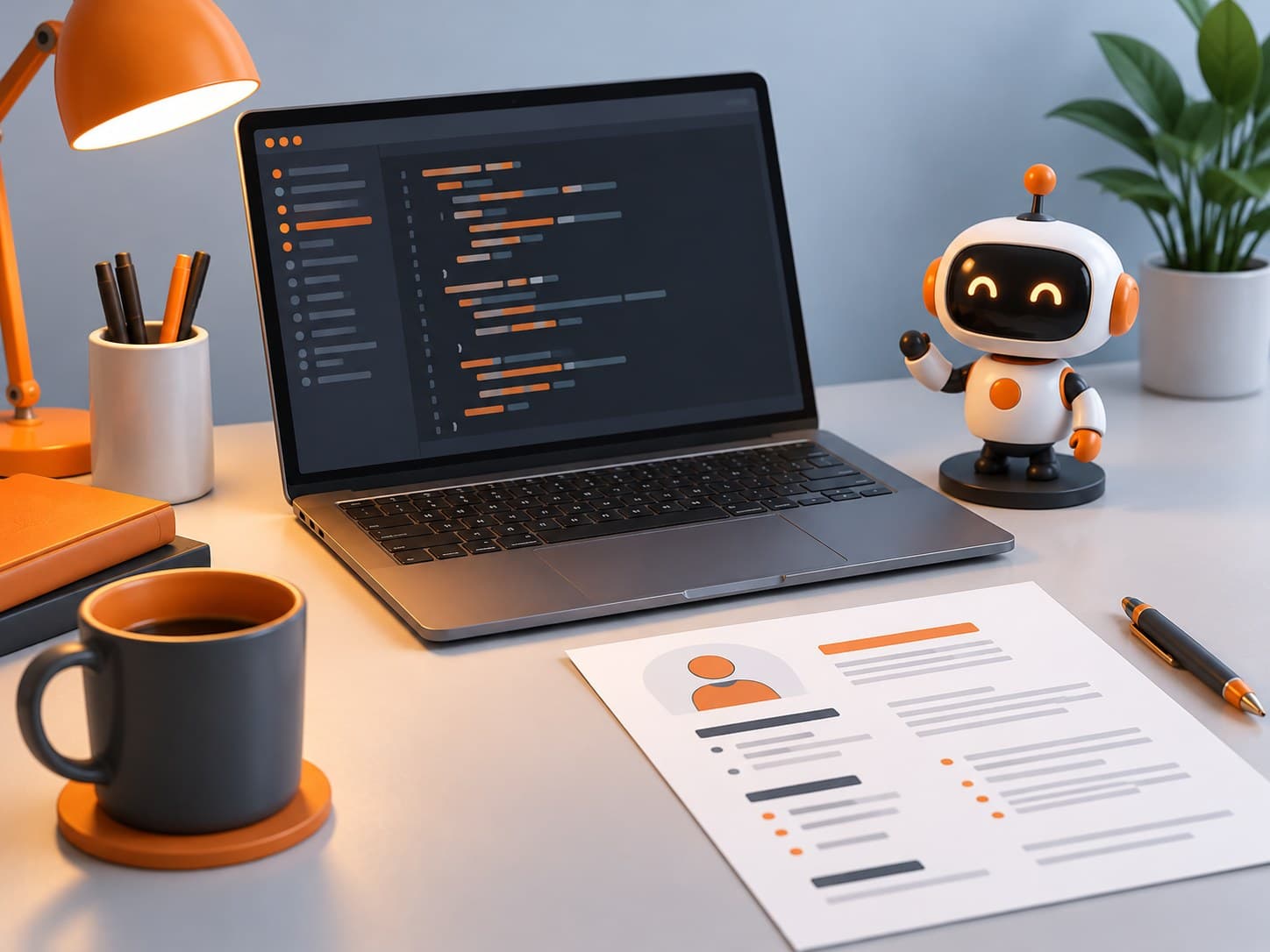 Illustration of a desk with a laptop showing code, a small robot figurine and a resume sheet