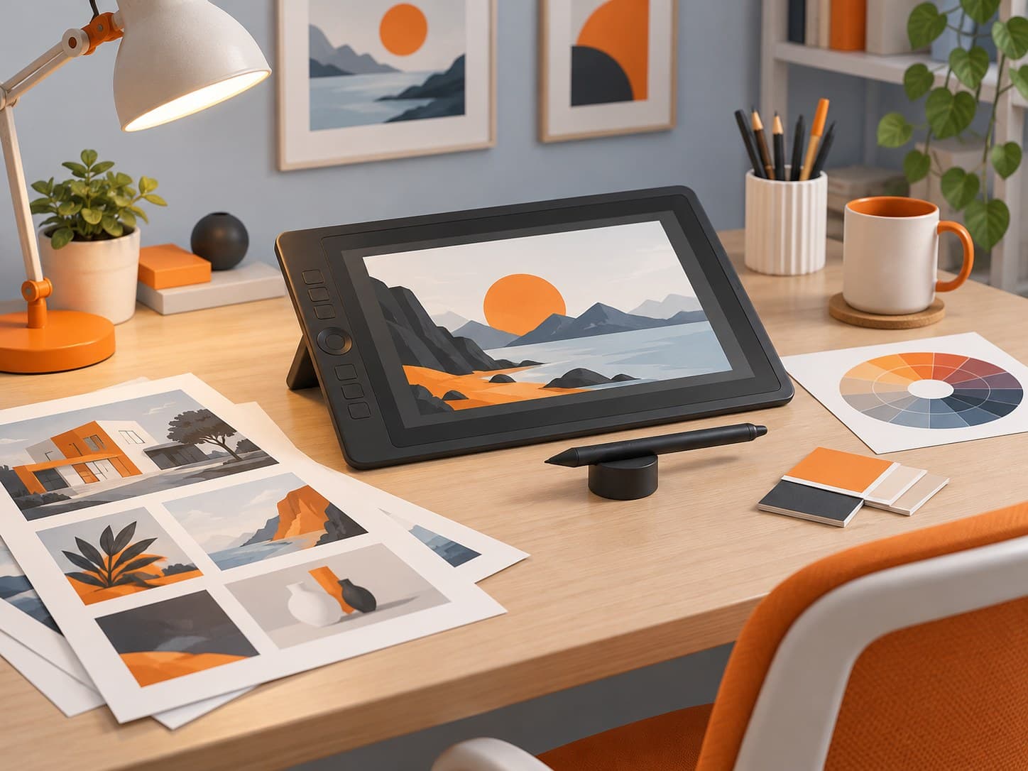 Illustration of a desk with a drawing tablet, stylus, color wheel and printed portfolio pages