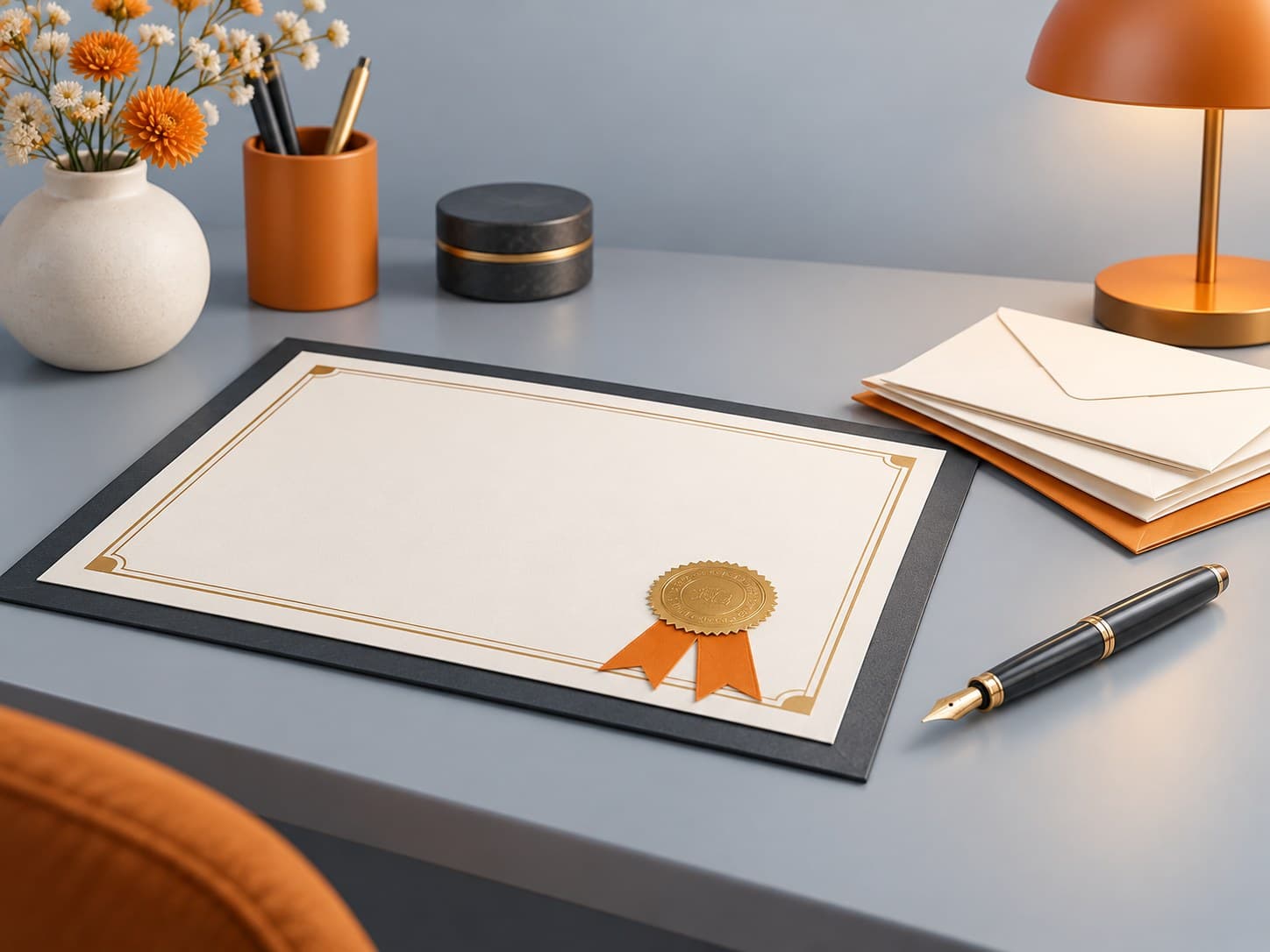 Illustration of an elegant certificate with a ribbon seal on a desk with a fountain pen