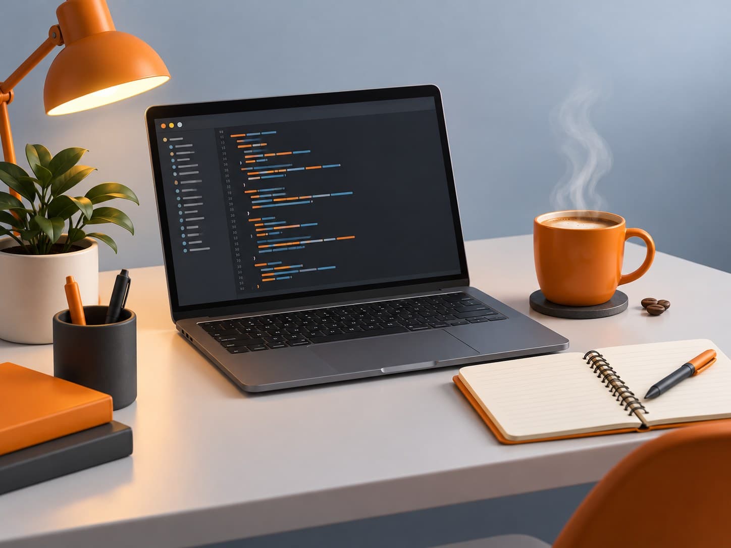 Illustration of a desk with a laptop showing code, a steaming coffee cup and a notebook