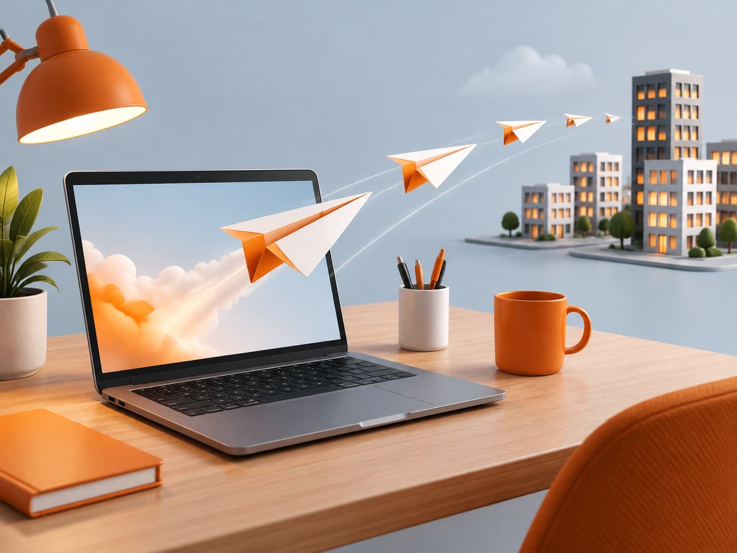 Illustration of paper airplanes launching from a laptop on a desk toward small office buildings