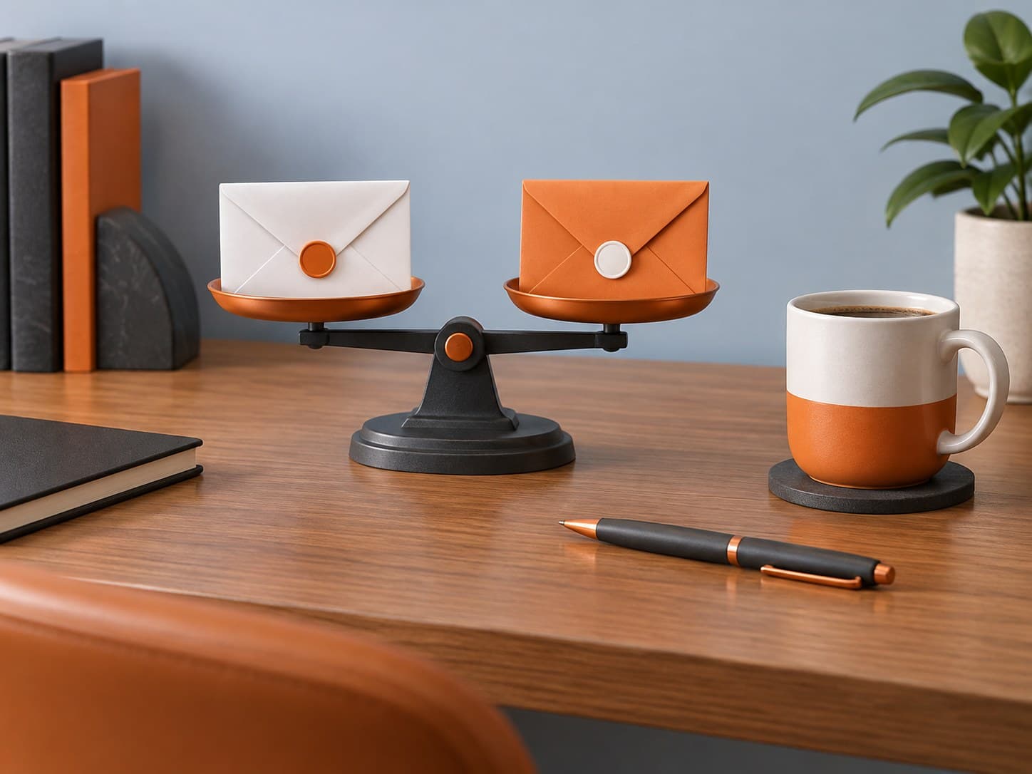 Illustration of two sealed envelopes on a small balance scale on a desk with a pen