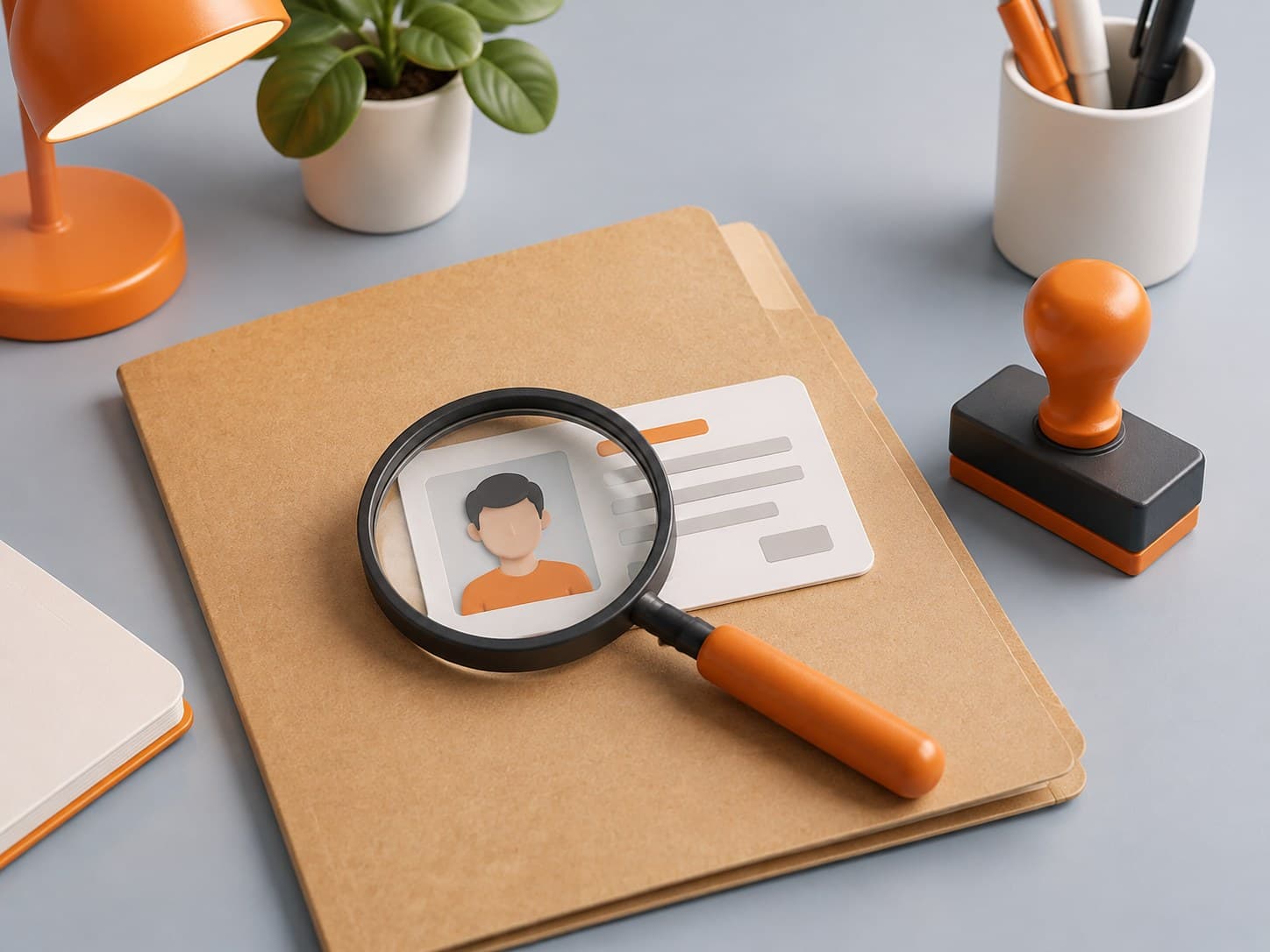 Illustration of a desk with a folder, a magnifying glass over an ID card and a rubber stamp