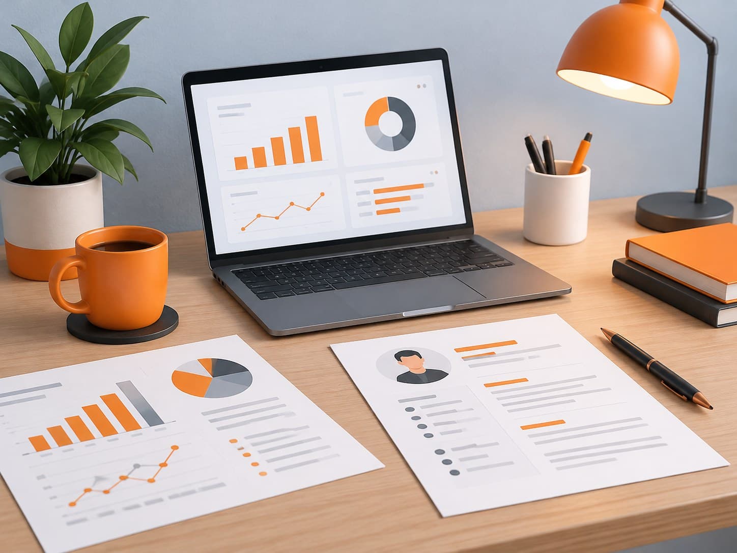 Illustration of a desk with printed charts, a laptop with a dashboard and a resume sheet