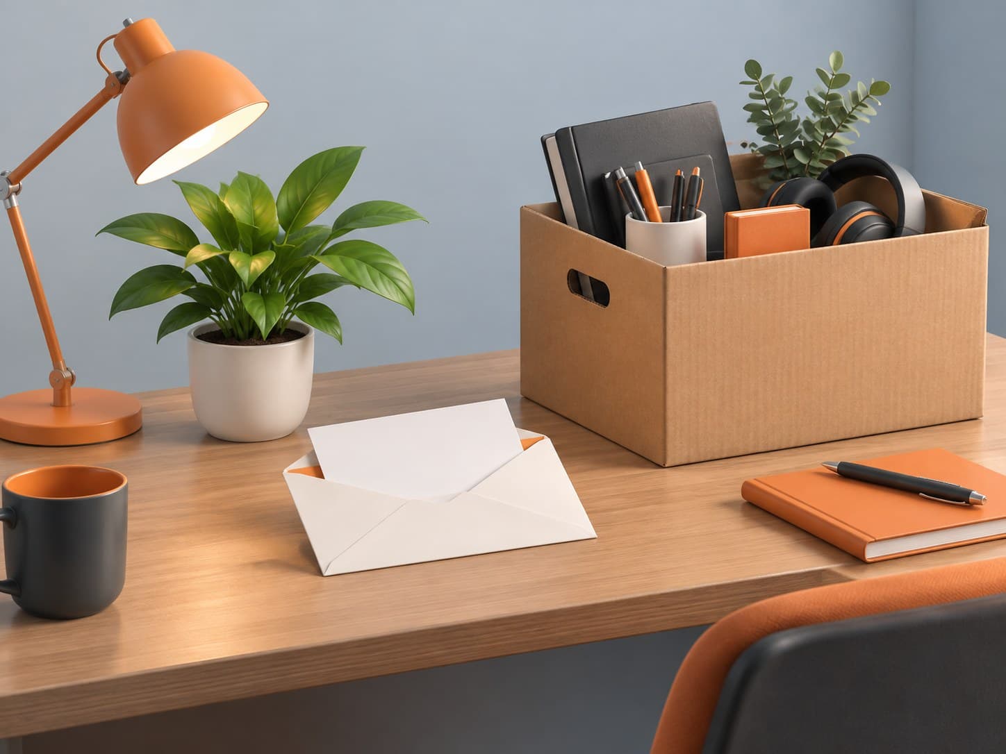Illustration of a formal letter in an envelope on a desk beside an office plant and a cardboard box