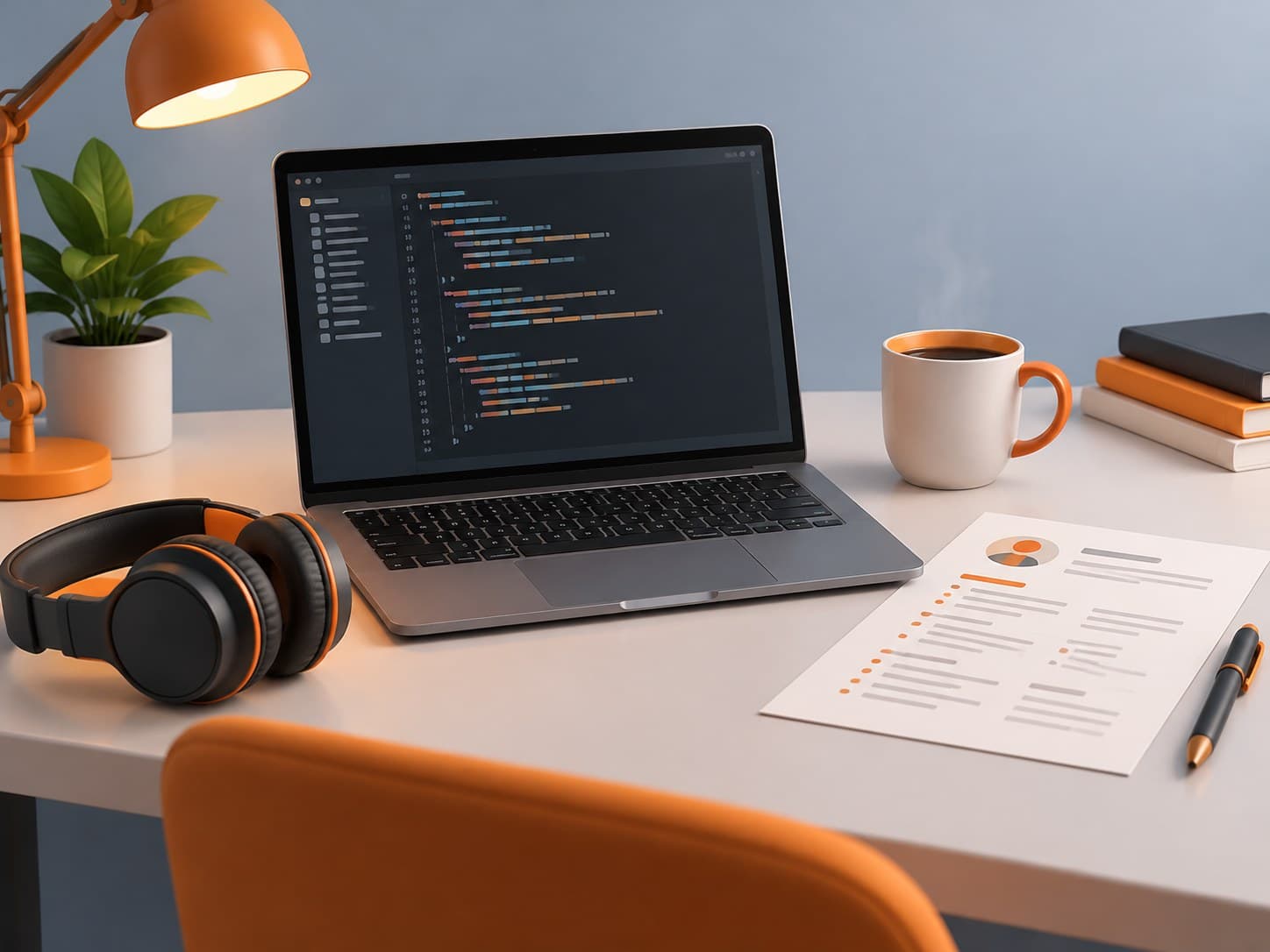 Illustration of a desk with a laptop showing code, headphones, a resume sheet and a coffee mug