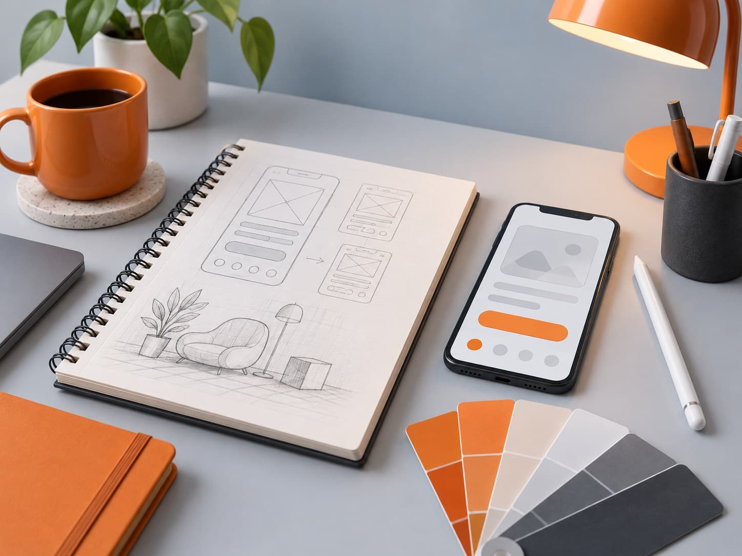 Illustration of a designer desk with a sketchbook, color swatches, a smartphone wireframe mockup and a stylus