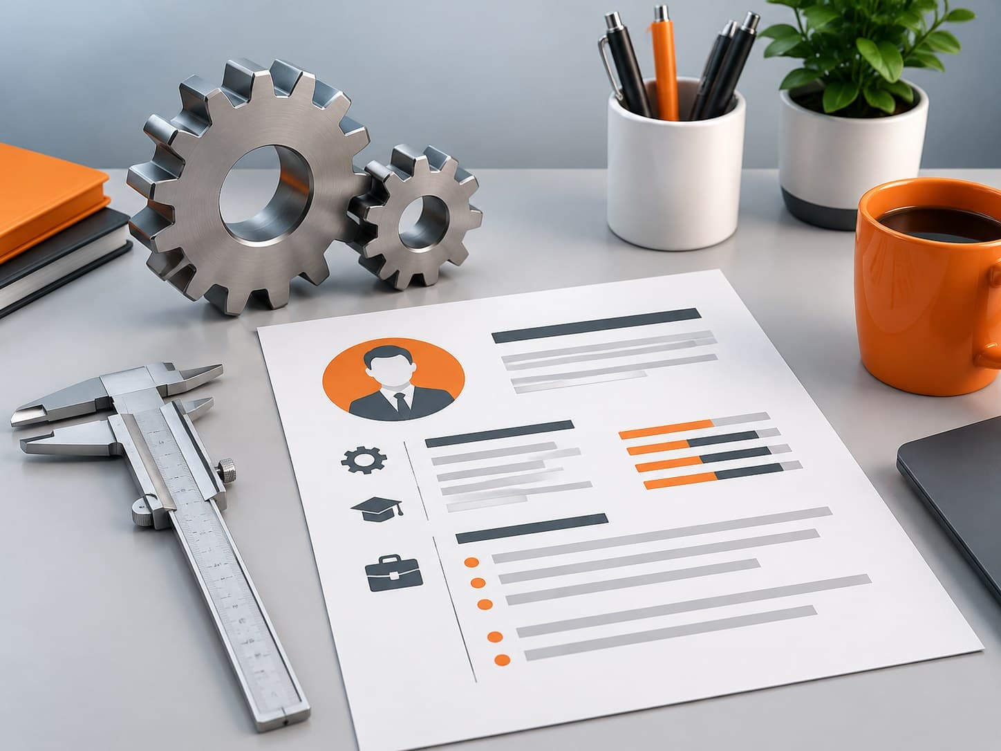 Illustration of a desk with metal gears, a caliper and a resume sheet, representing a mechanical engineer resume