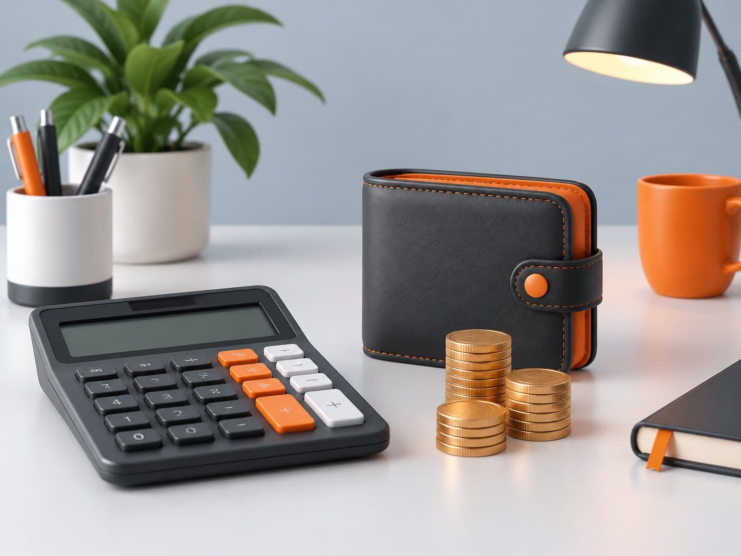 Illustration of a desk with a calculator, wallet and a small stack of coins, representing monthly take-home salary