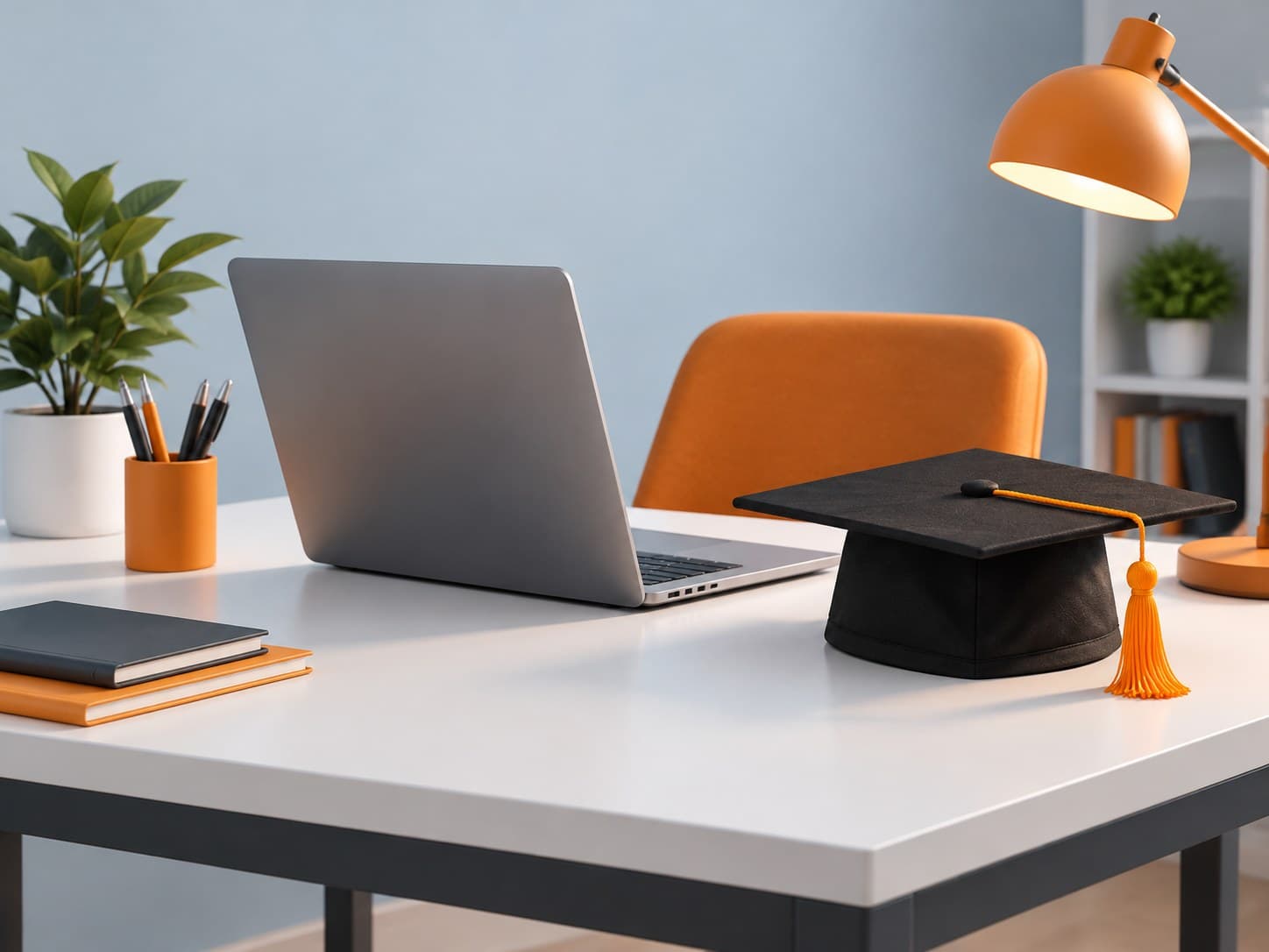 Illustration of a desk with a laptop and graduation cap, representing jobs for fresh graduates
