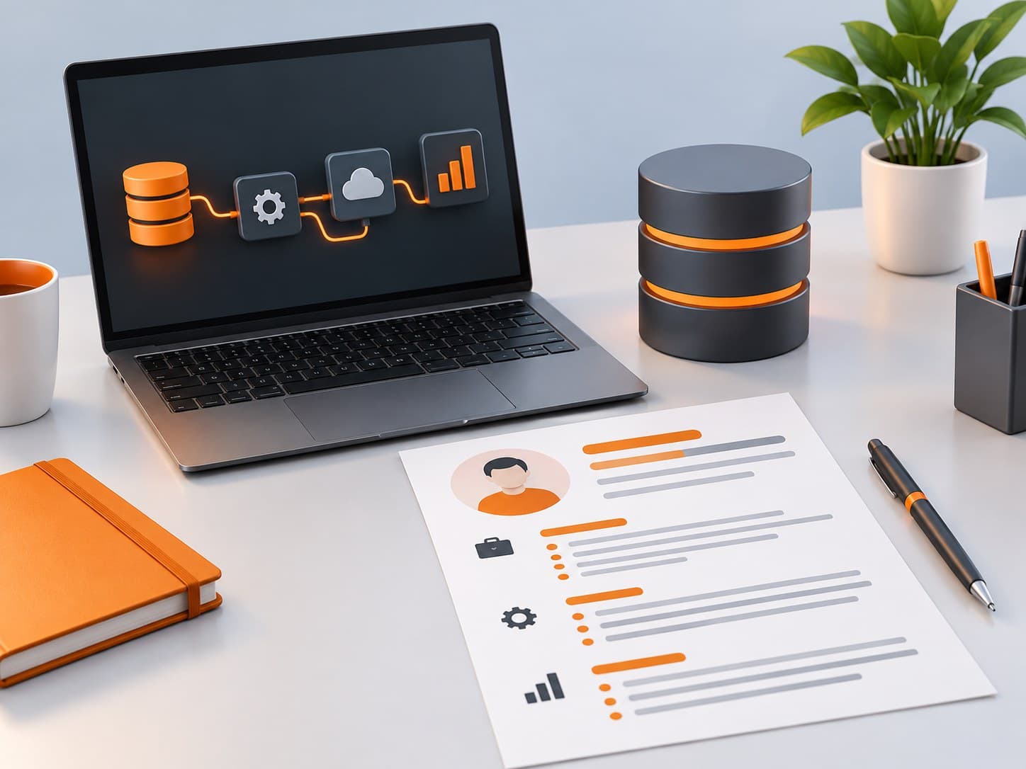 Illustration of a desk with a laptop and a database model beside a resume sheet, representing a data engineer resume