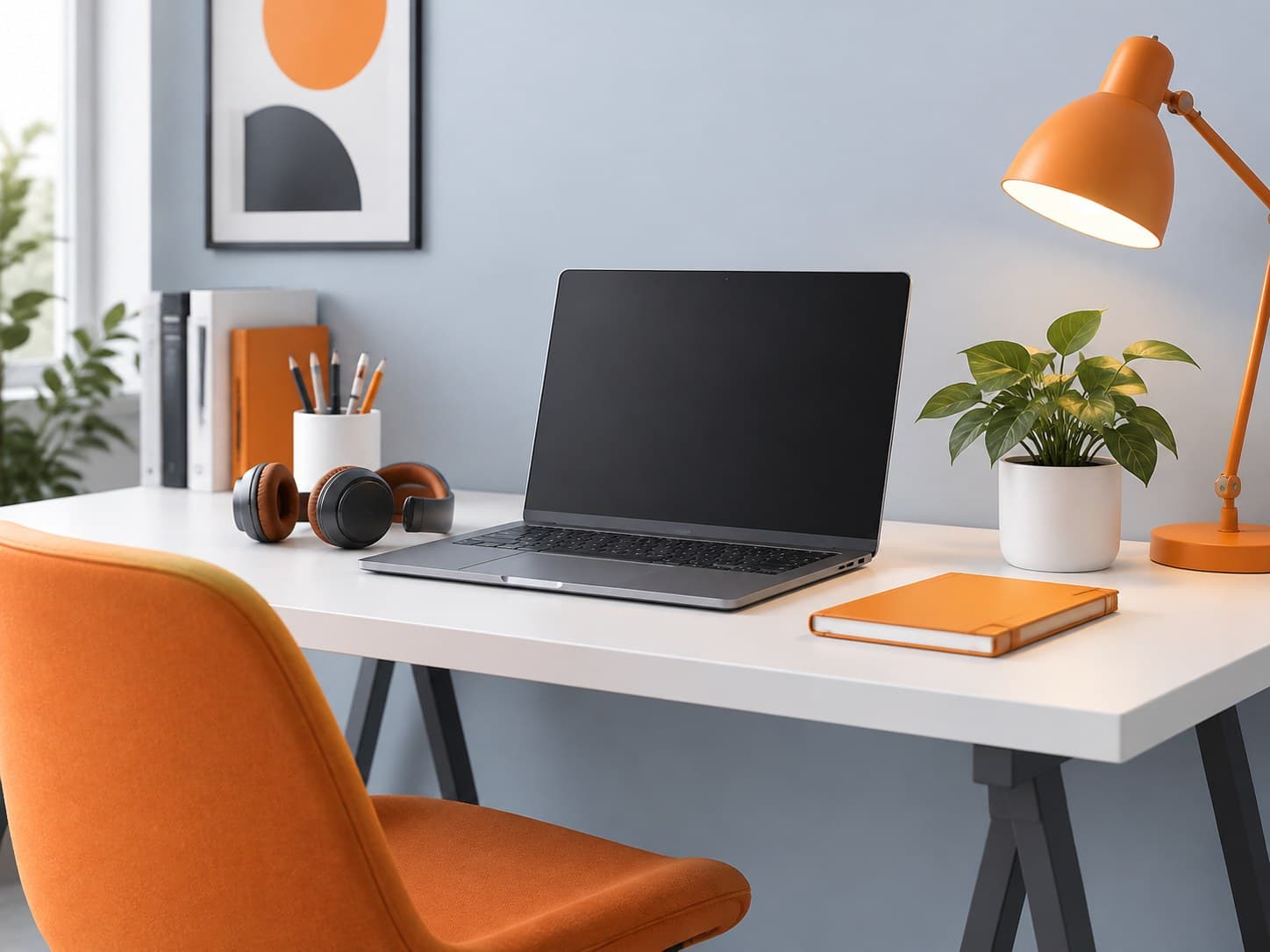 Illustration of a home desk with a laptop, headphones and a potted plant, representing work-from-home jobs