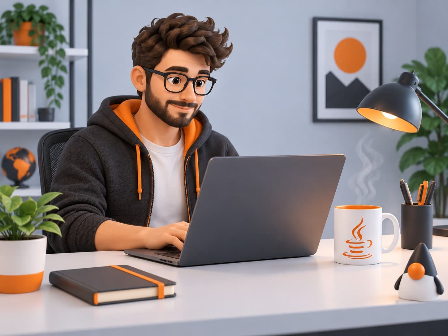 Illustration of a developer desk with a laptop and coffee mug, representing a Java developer resume