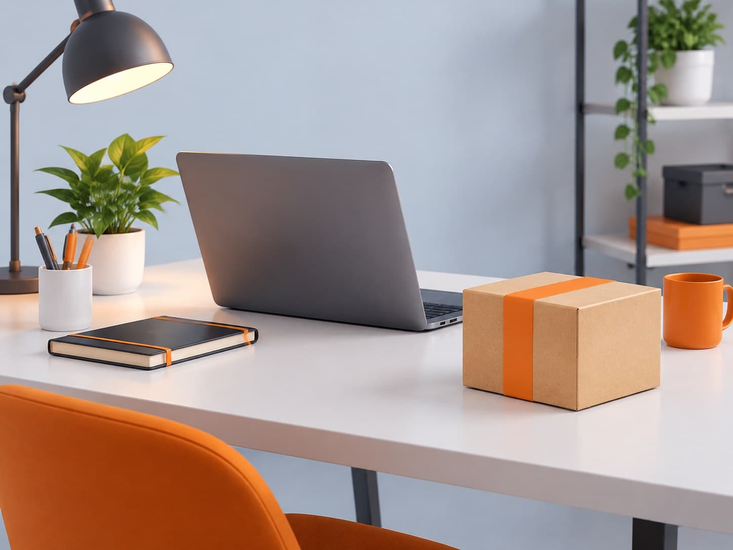 Illustration of a desk with a laptop and a delivery parcel box, representing Amazon India interview preparation
