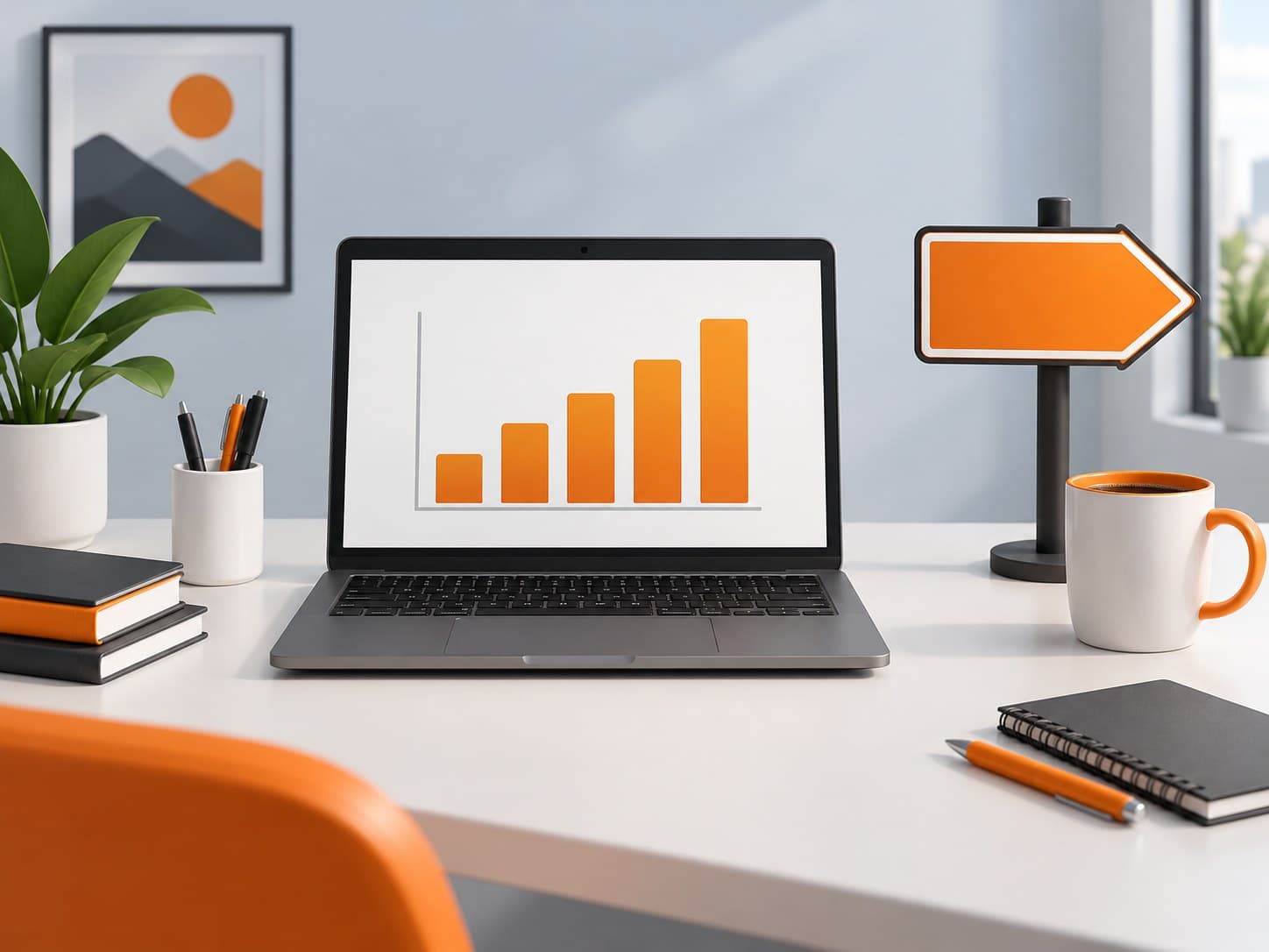 Illustration of a desk with a laptop showing a blank chart shape, a coffee mug and a small arrow sign, representing a career switch to data analytics