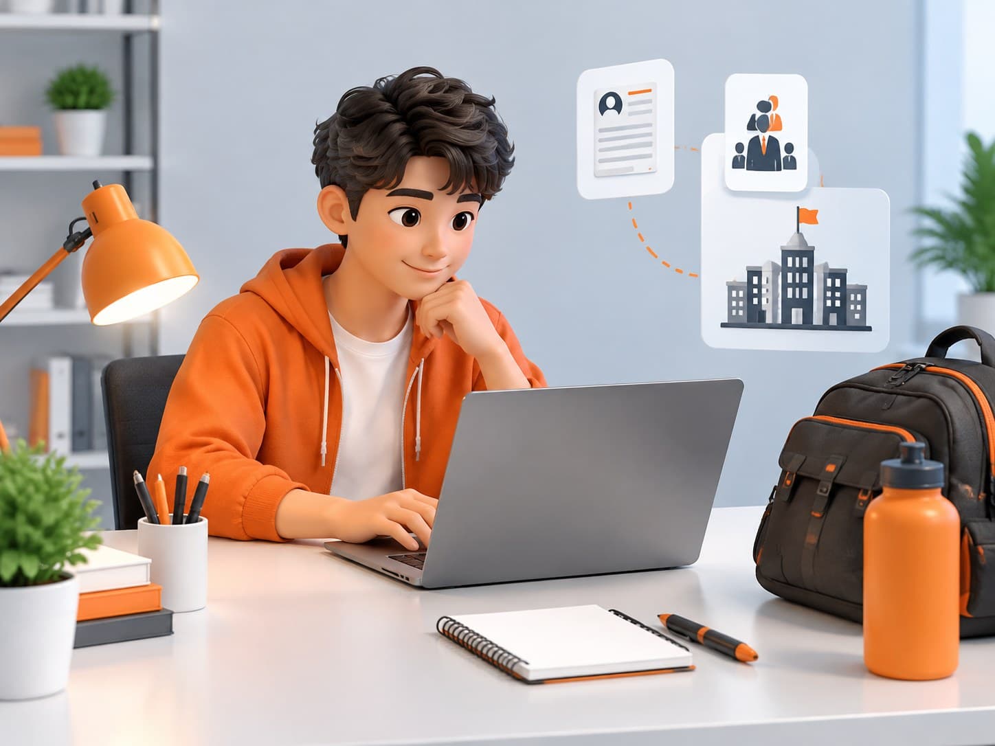 Illustration of a desk with a laptop, backpack and notepad, representing off-campus job applications