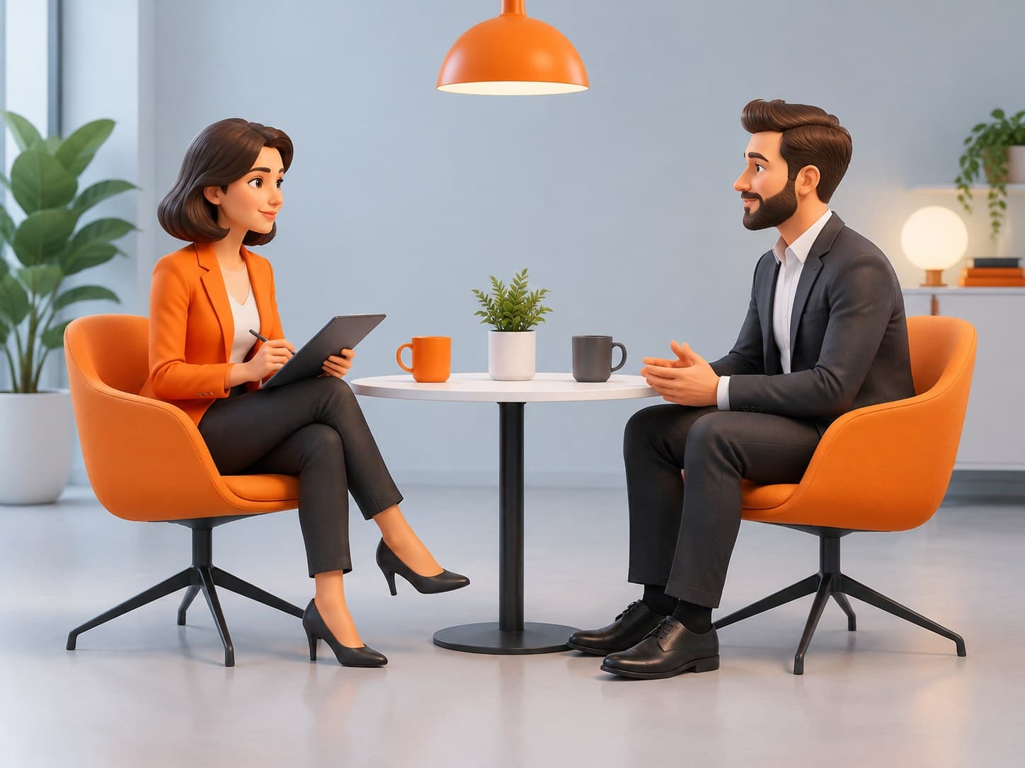 Illustration of two chairs facing each other across a table with coffee mugs, representing an HR interview