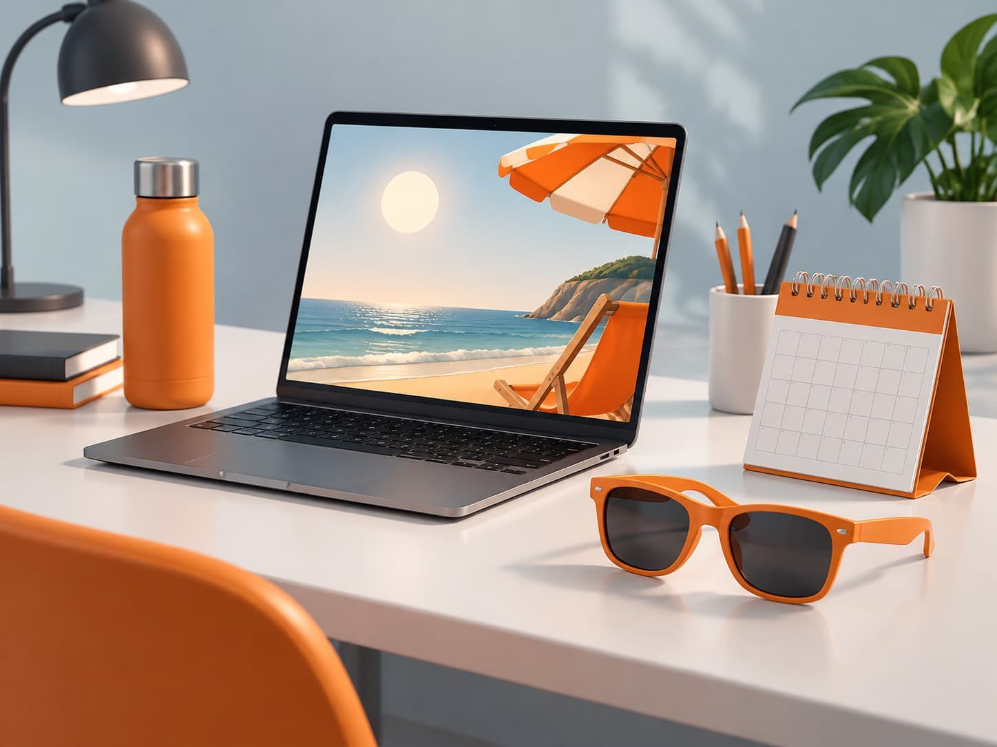 Illustration of a desk with a laptop, sunglasses and a desk calendar, representing a summer internship