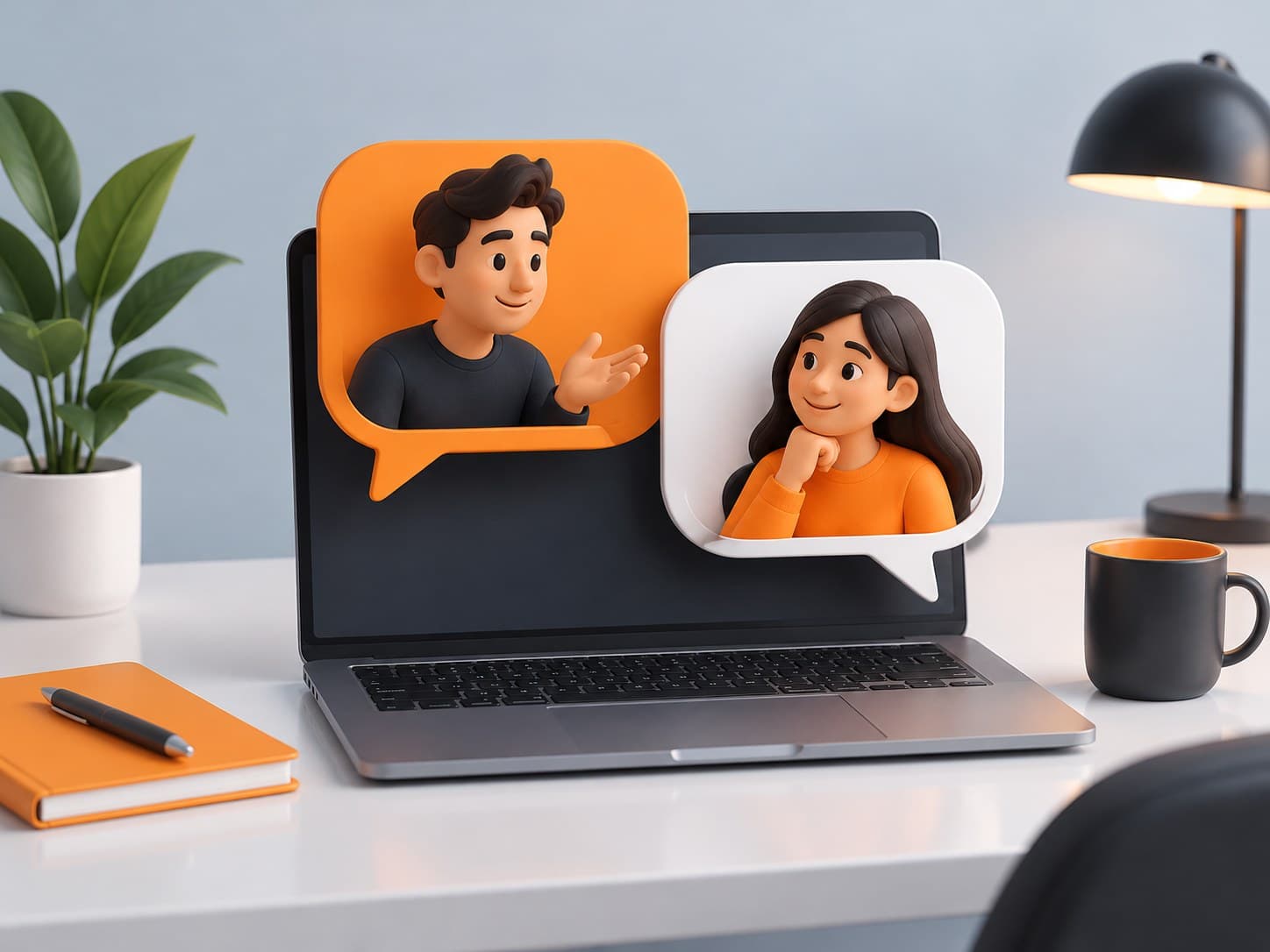 Illustration of a desk with a laptop and chat bubbles, representing online mentorship platforms