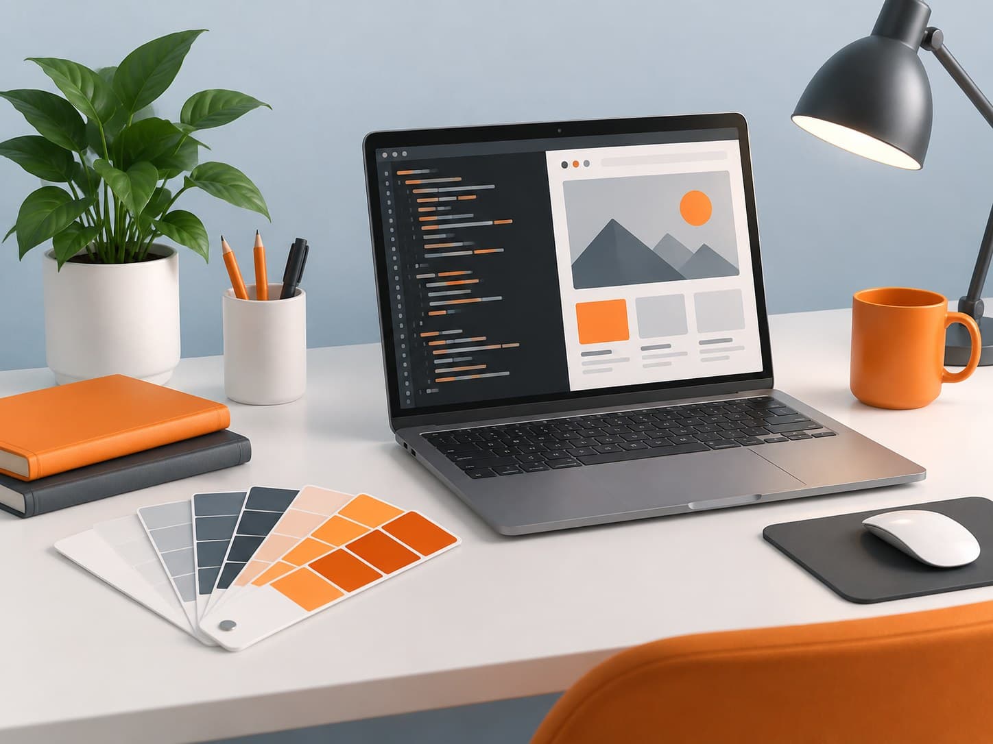 Illustration of a desk with a laptop and a fan of color swatch cards, representing a frontend developer resume